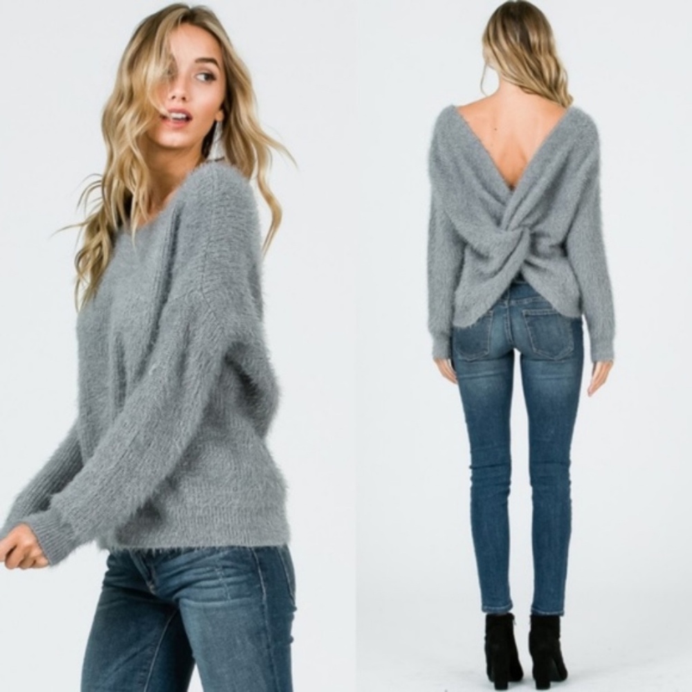 CHARLOTTE Fuzzy Open Back Sweater - GREY - Picture 2 of 2